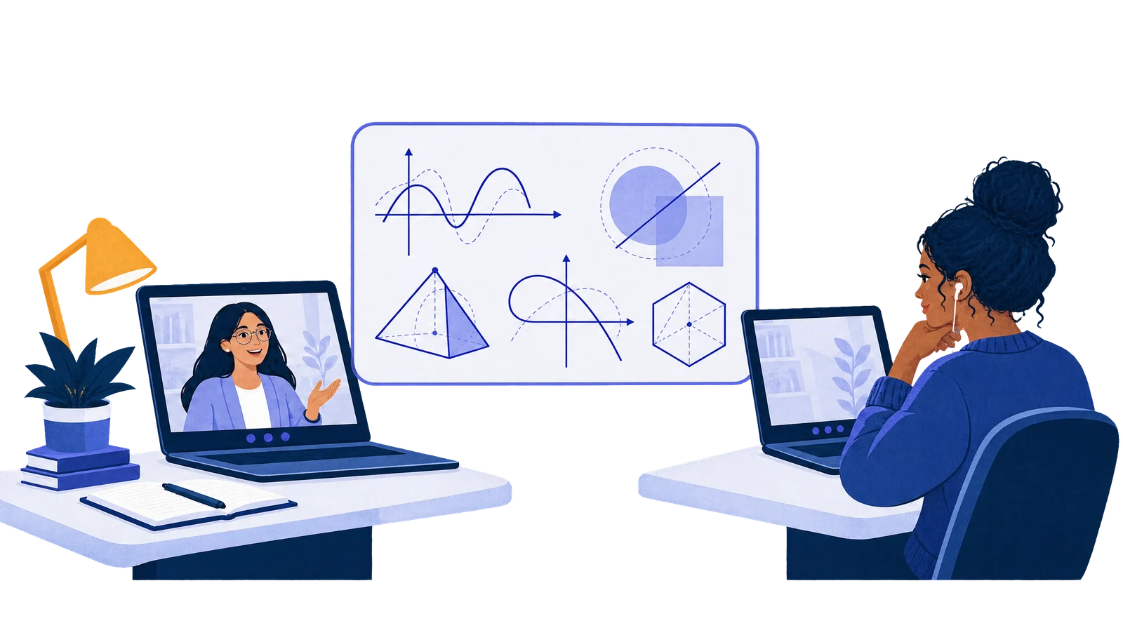 A teacher and a student on a video call, working on the same whiteboard of graphs and shapes