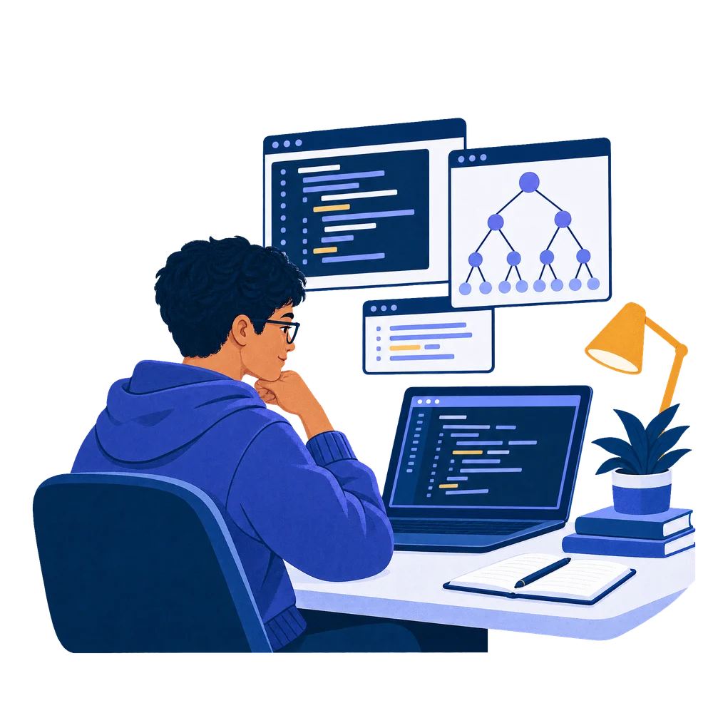 A student at a laptop with floating panels of code and a tree diagram