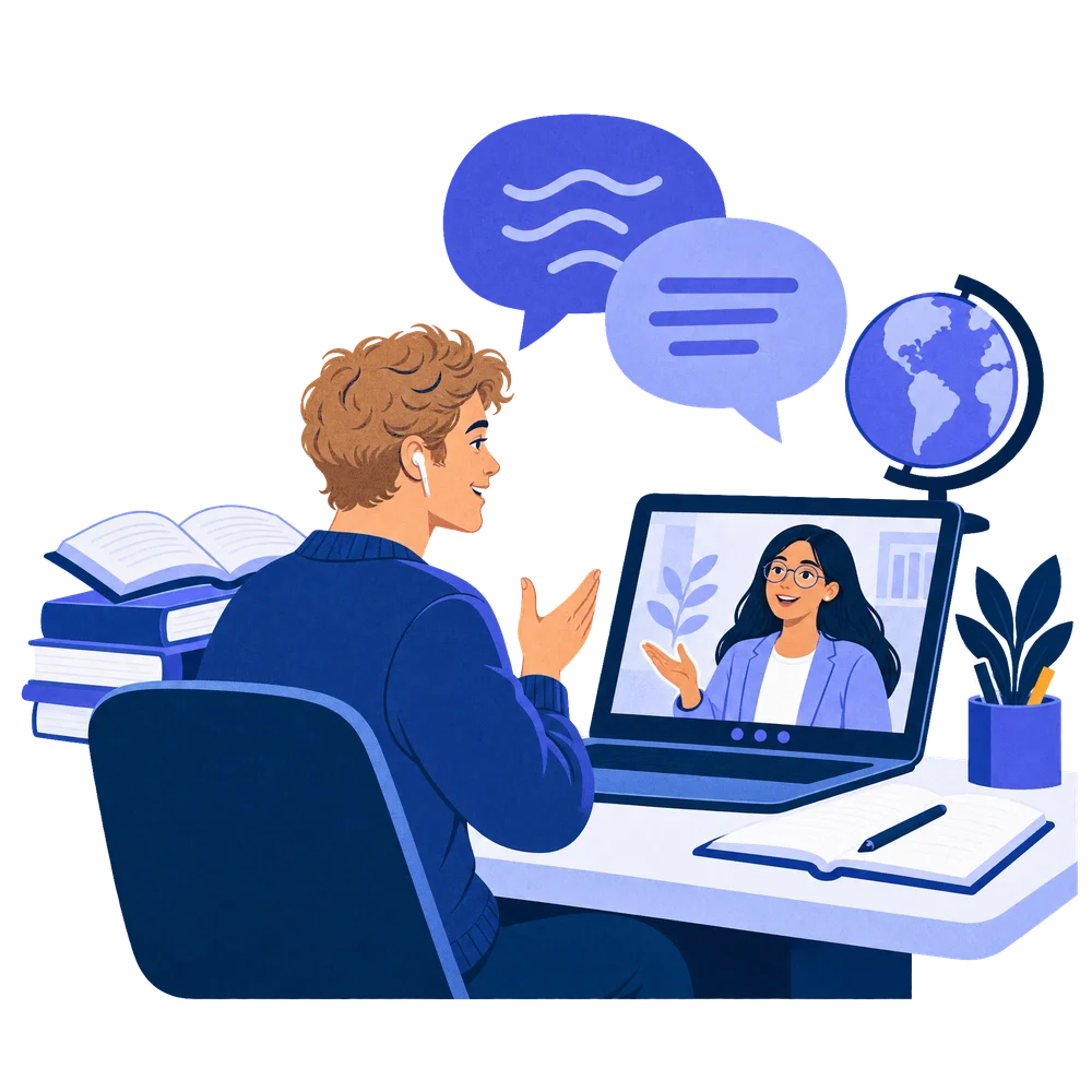 A student chatting with a teacher on a video call, a globe on the desk