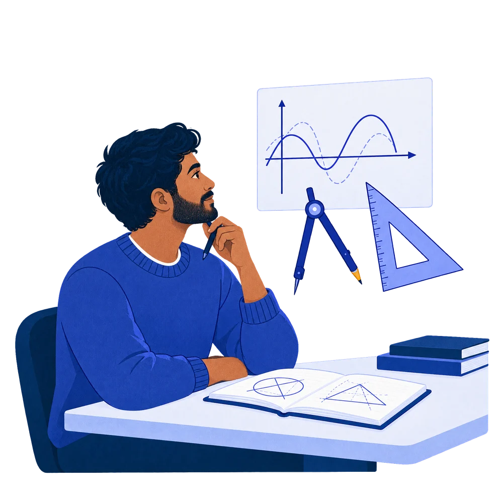 A student thinking over an open notebook beside a set square and a graph