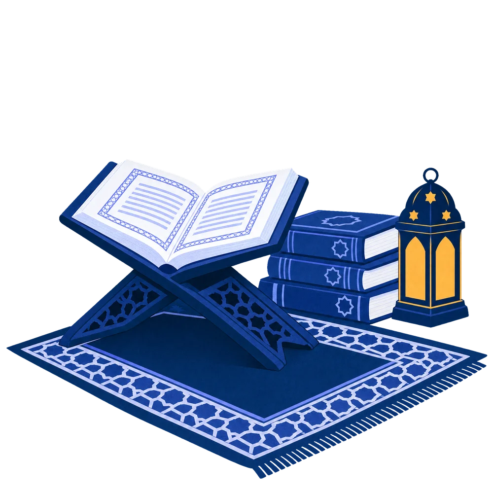 An open Quran resting on a wooden stand beside a lantern and a small plant
