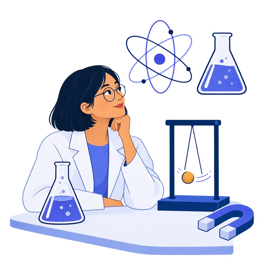 A student in a lab coat surrounded by an atom, a flask, a magnet and a pendulum