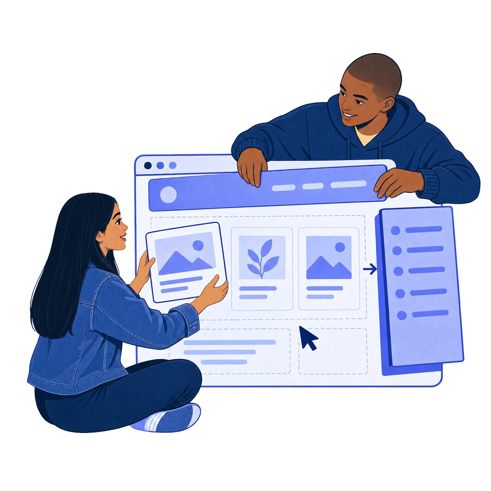 Three people arranging the layout of a web page on a large screen